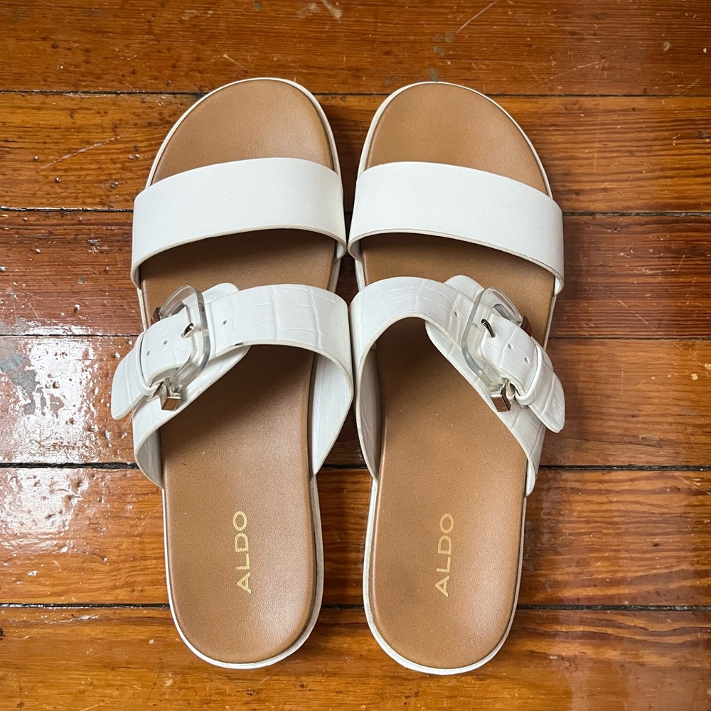 White Aldo sandals with adjustable faux-crocodile buckle strap